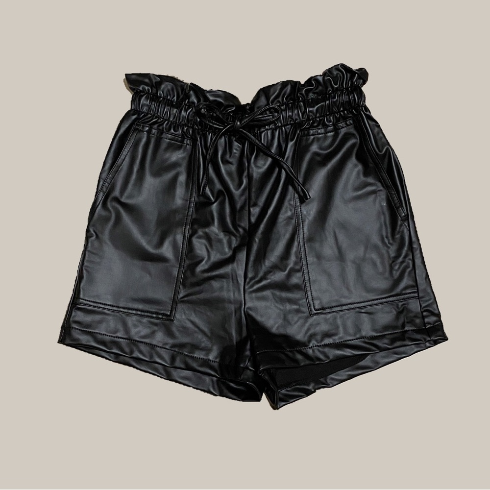 Pleather / Faux Leather Drawstring “Paper Bag” Style Shorts in Black
